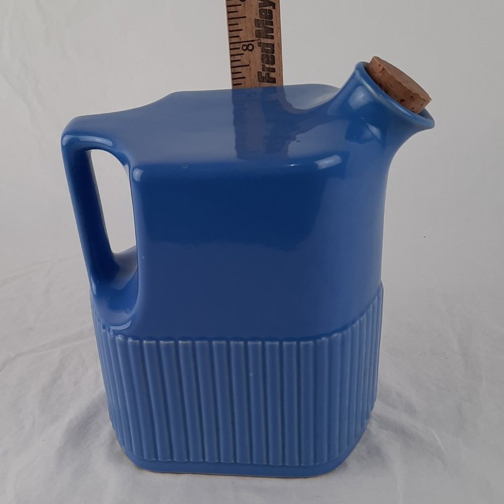 SOLD RARE Midcentury Blue Ceramic Refrigerator Pitcher with Cork Stopper - Picture 3 of 7